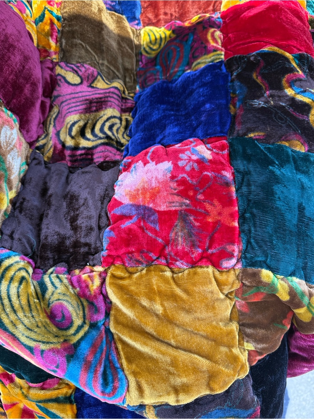 Vintage Multicolor Handmade Bubble Velvet Patchwork Bedspread Queen Size Quilt - Picture 3 of 8